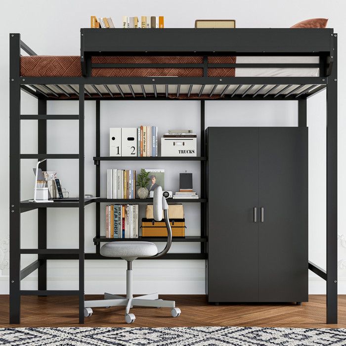 Lit Superposé - Fer + Aggloméré Noir 90x200cm Adapté Enfants/Ados Avec Échelle 5 Niveaux Table Armoire et Compartiments