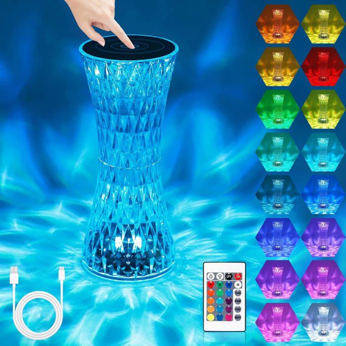 Lampe Cristal LED Rose Diamant Lampe de Chevet 16 Couleurs 4 Modes avec Télécommande Déco Chambre Salon Fête Cadeau
