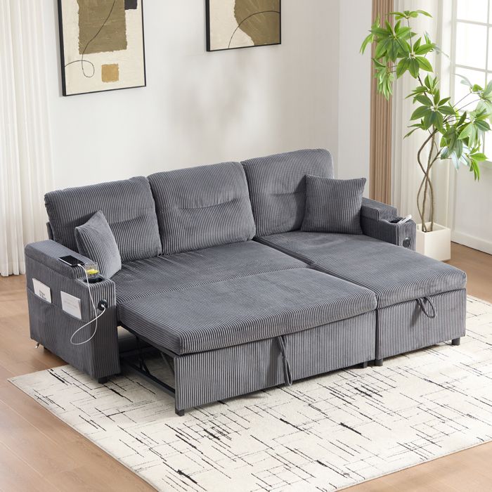 Canapé convertible 3 places avec rangements porte-gobelets et USB-C - TCQPZ - en tissu côtelé gris 212 5 × 136 × 86 cm
