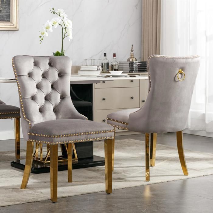 Chaise de salle à manger - KOMHTOM - Dossier haut - Velours gris - Bois massif - Acier inox doré (lot de 2) Chaise de salle à manger - KOMHTOM - Dossier haut - Velours gris - Bois massif - Acier inox doré (lot de 2)