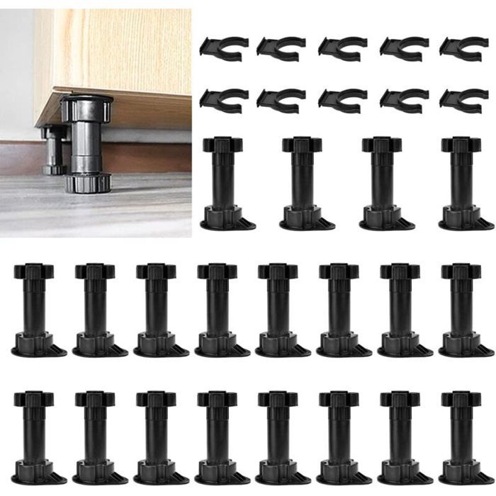 Pieds meubles réglables noirs 100-120 mm lot 20 plastique avec 10 clips plinthe pour armoires cuisine canapé