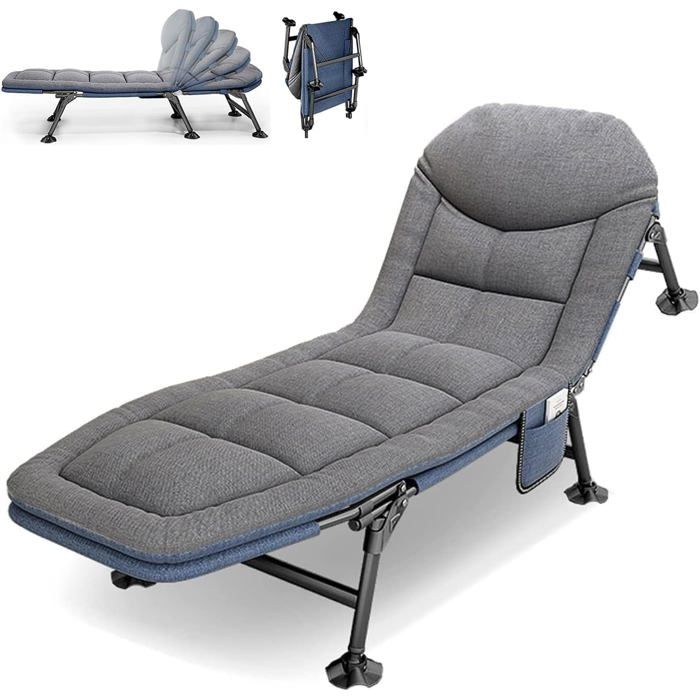 Chaise Longue Pliante/Lit de Camp - Dossier réglable 5 positions 6 pieds antidérapants 190x67x38 cm Gris jardin camping voyage