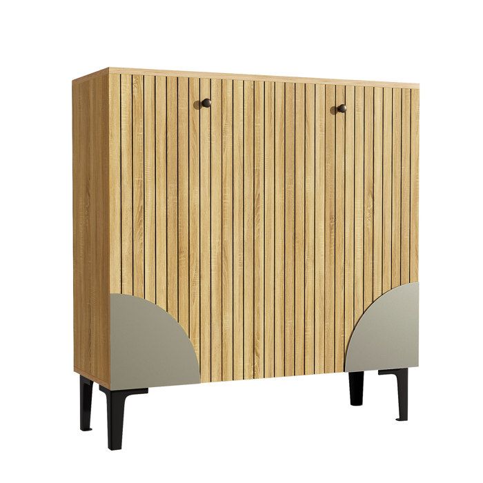 Meuble a chaussures - 3 portes - decor bois clair - 90 x 32 x 94 cm - avec etageres et pieds noirs