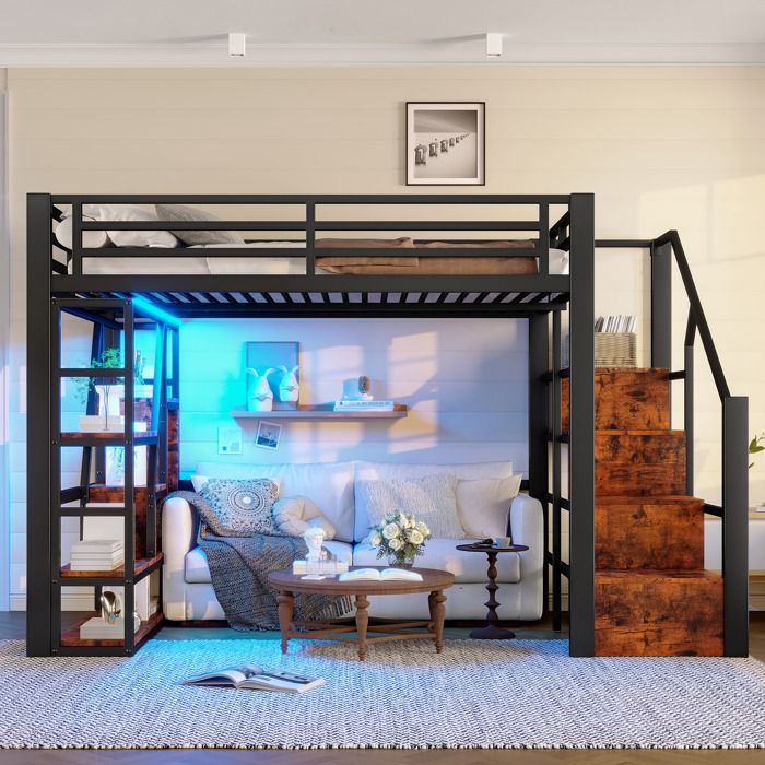 Lit mezzanine 140x200 cm avec LED étagères et escalier lit de rangement sommier inclus métal noir sans matelas
