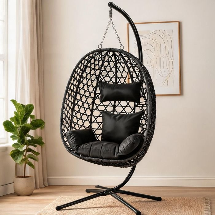 Fauteuil suspendu œuf ovale en rotin synthétique et métal anthracite réglable 105x105x195 cm avec coussins
