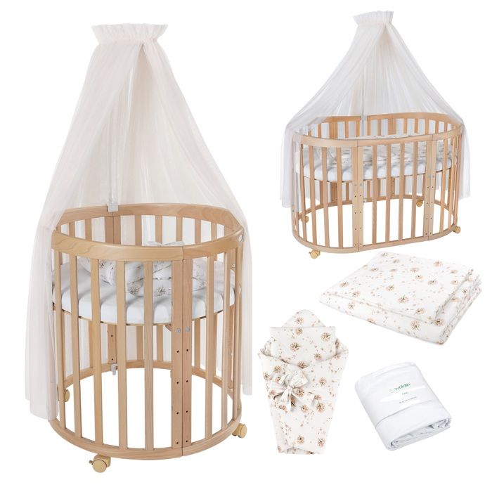 Waldin Lit Bébé Ovale 7en1 Évolutif Matelas - Naturel - Ensemble Pissenlit Champagne inclus Waldin Lit Bébé Ovale 7en1 Évolutif Matelas - Naturel - Ensemble Pissenlit Champagne inclus