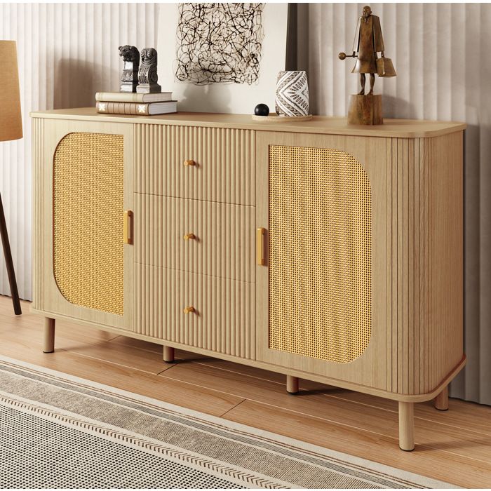 MEULVA Buffet bas 140 cm en MDF bois naturel 2 portes effet rotin 3 tiroirs passe-câbles