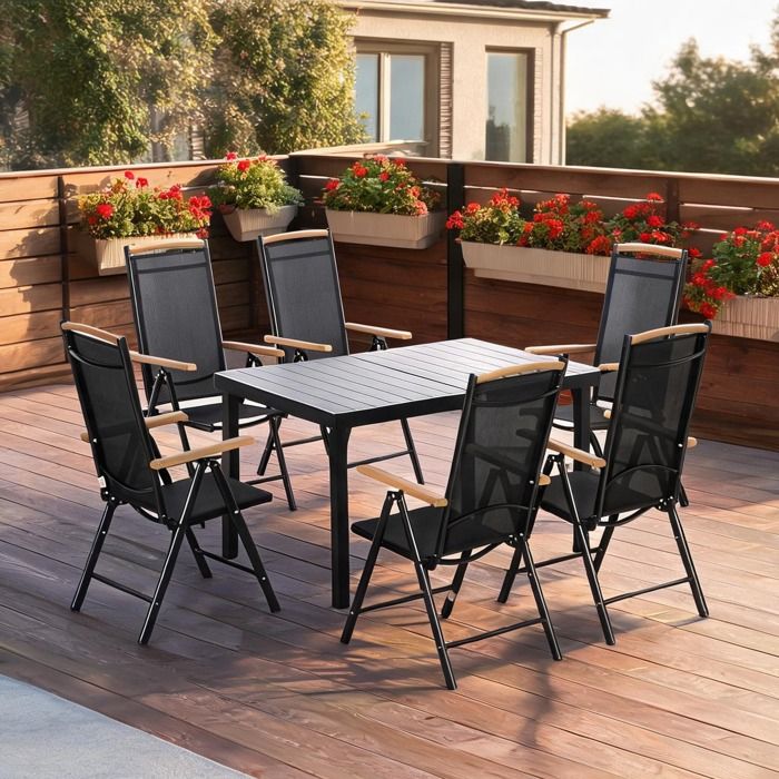 Set mobilier de jardin 6 places en aluminium noir mesh table 140 cm et 6 chaises pliantes réglables – terrasse