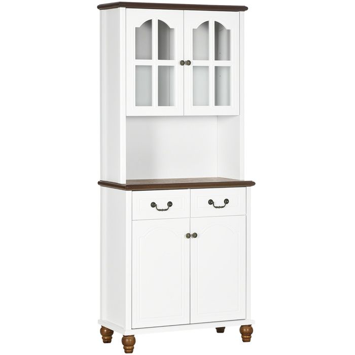 Buffet de cuisine blanc 76 x 38 x 182 cm en MDF avec 2 tiroirs niche ouverte vitrine et Soft-Close