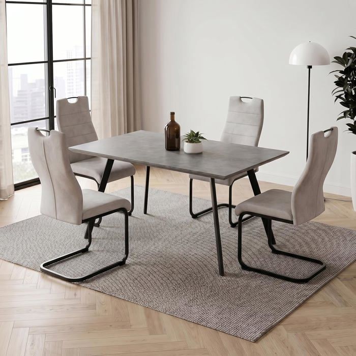 JIEXI Ensemble table de salle à manger et 4 chaises 120 cm gris avec chaises cantilever en tissu table de cuisine en MDF