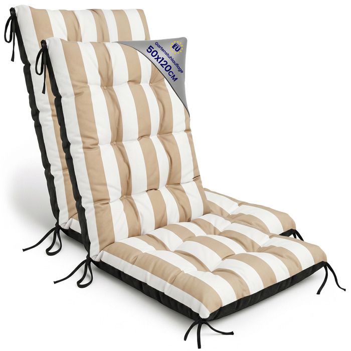 Set 2 coussins dossier haut 50x120 cm rayures blanc/beige épaisseur 10 cm avec attaches pour chaises et fauteuils de jardin