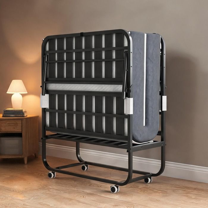Lit dappoint pliant une place 190 × 96 cm en métal classic black avec matelas mousse mémoire 95 cm et roulettes