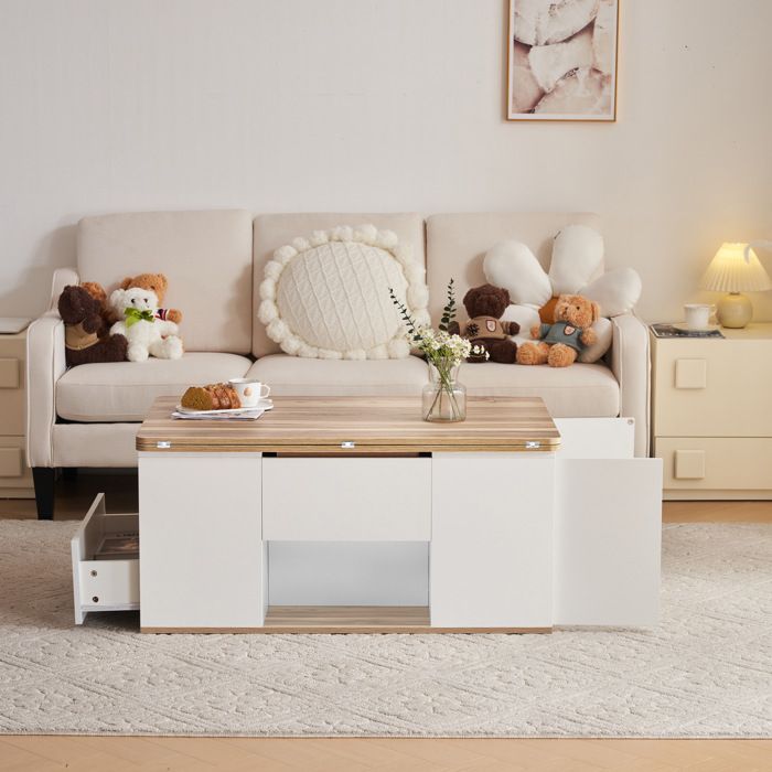 VEVXYN Table basse relevable multifonction 100 x 51 x 47 cm rangements 2 tiroirs 1 porte 2 niches blanc bois salon moderne