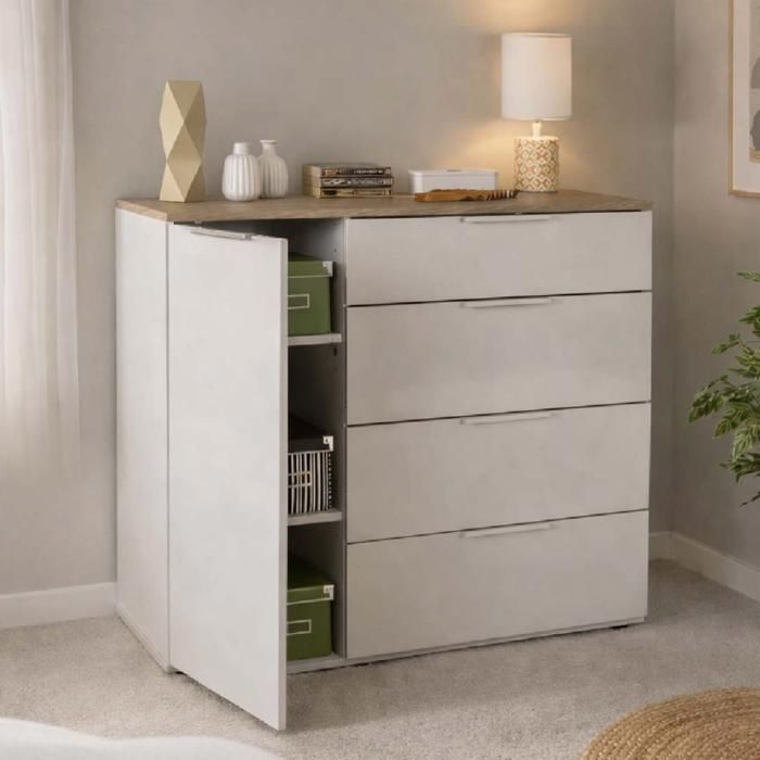 Commode 4 tiroirs 1 porte L 103x35 H88 cm Seldir Gris et Chêne Commode 4 tiroirs 1 porte L 103x35 H88 cm Seldir Gris et Chêne