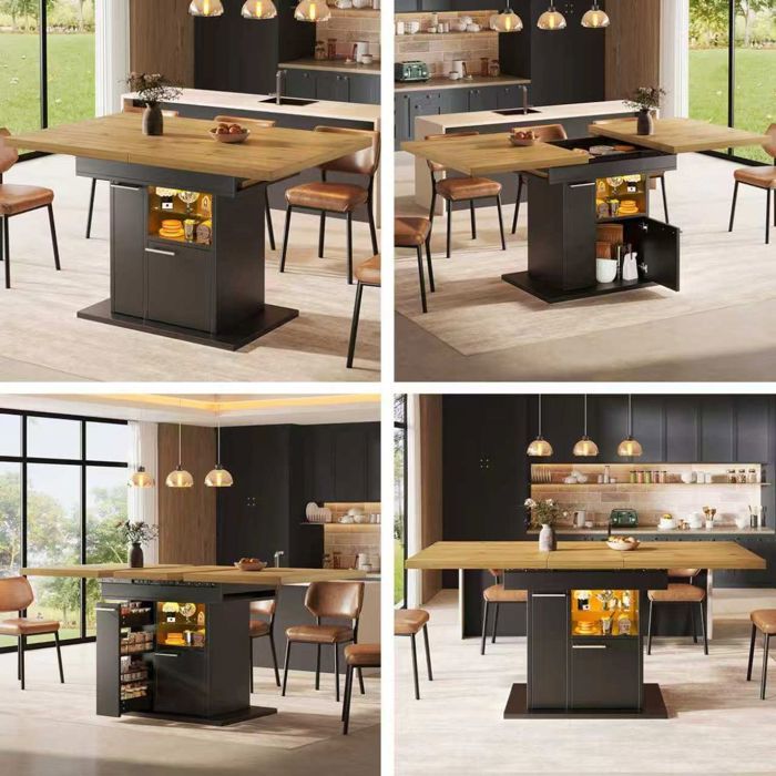Table Extensible 4 à 6 personnes rangement intégré éclairage multicolore étagères en verre gain de place repas de famille fêtes