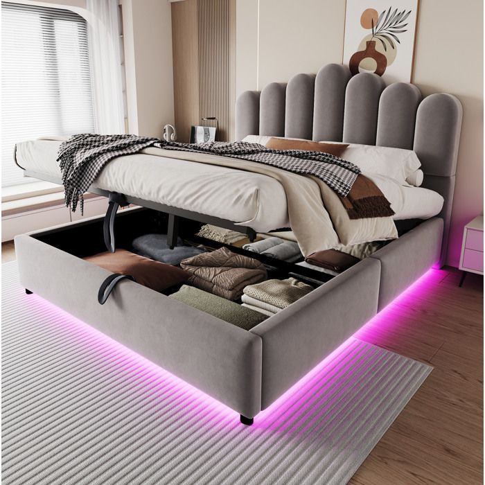 Modenuit Lit coffre 140 x 200 cm en velours gris avec rangement hydraulique LED et tête de lit rembourrée