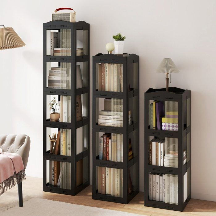 Bibliothèque rotative 4 niveaux pliable étagère dangle pour livres et rangement rotation 360° gain de place
