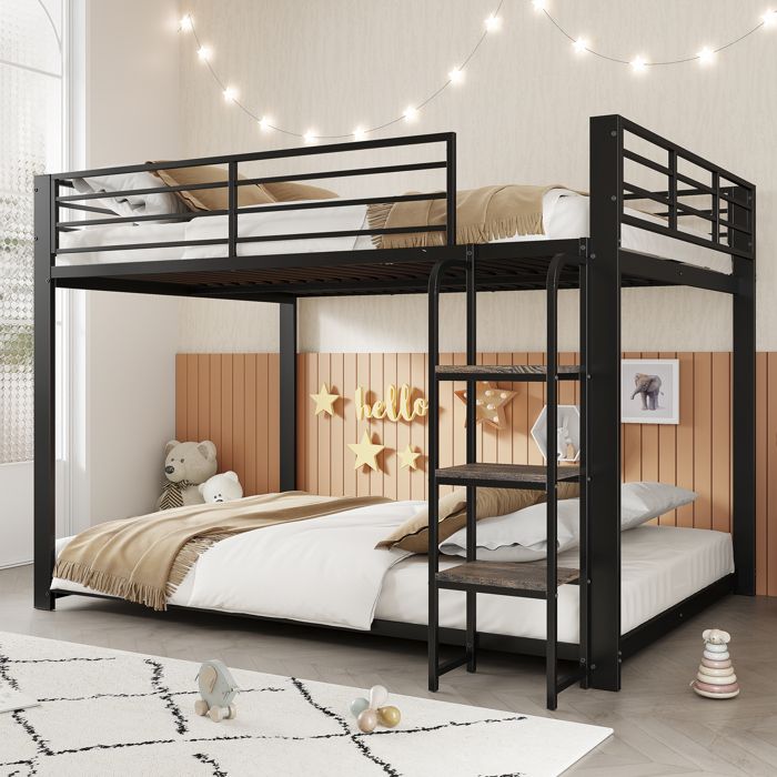Lit superposé 140 × 200 cm avec escalier et étagères intégrées - style industriel moderne - métal et MDF - noir