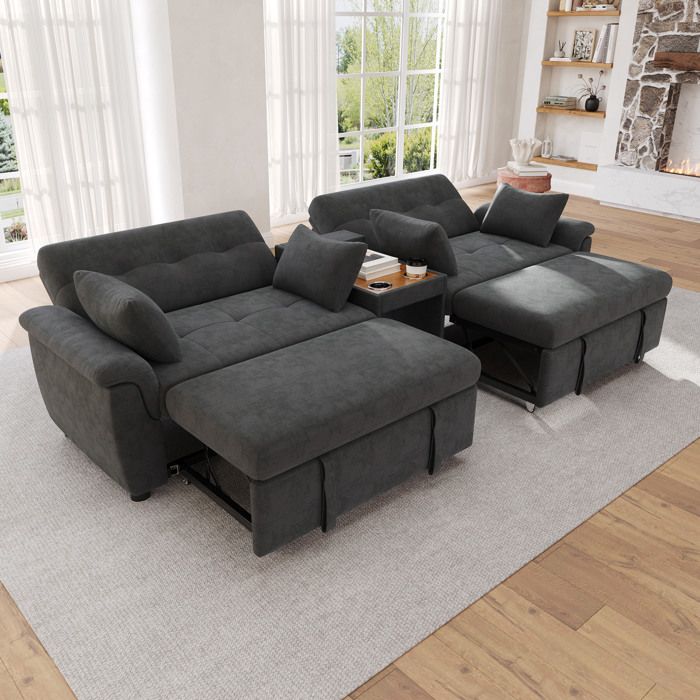 Canapé convertible en U 4 places 284 cm double couchage chenille gris foncé avec porte-gobelets ORVRYN