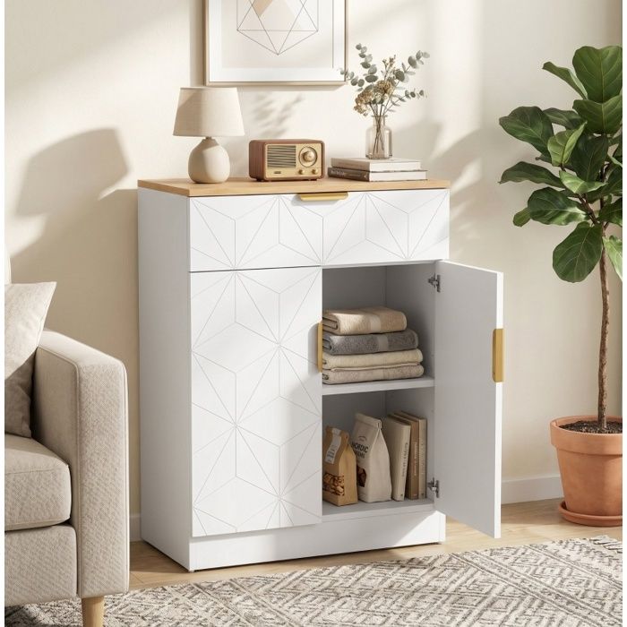 Buffet bas 1 Tiroir 1 Porte et 2 Étagères Réglables Fermeture Douce - MODENVIE - MDF Laqué Blanc 60×32×82 cm