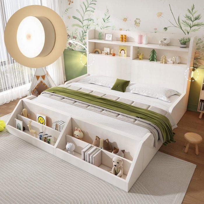Lit double 140x200 avec rangement et liseuses bibliothèque amovible sommier à lattes cadre en bois blanc