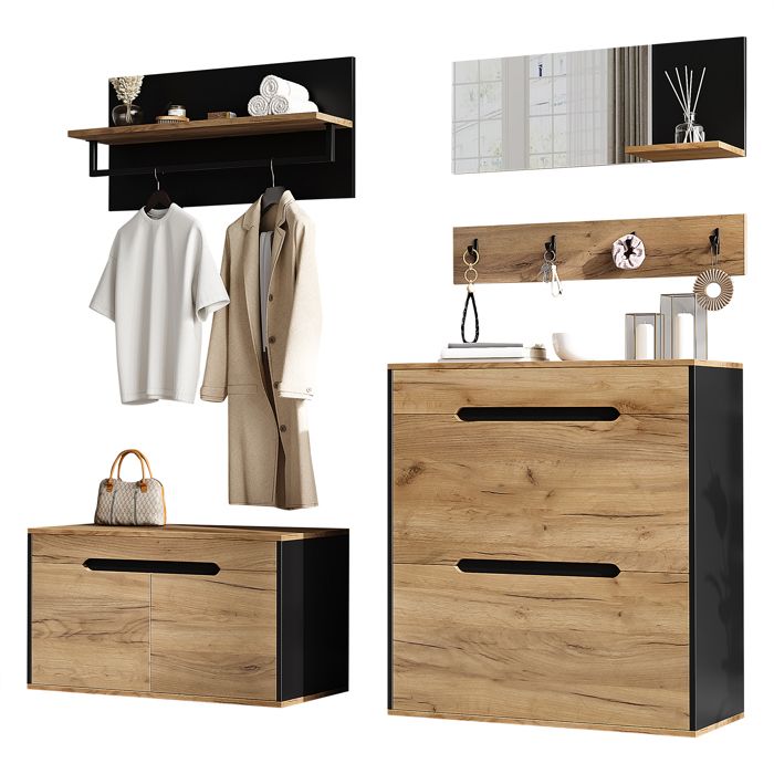 Vestiaire dentrée avec miroir banc et armoire à chaussures- Noir et Bois - 156x36x176cm - Style Moderne