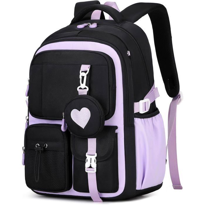 Sac à dos scolaire noir-violet à motif cœur - 30 x 19 x 43 cm - Nylon haute densité - Imperméable