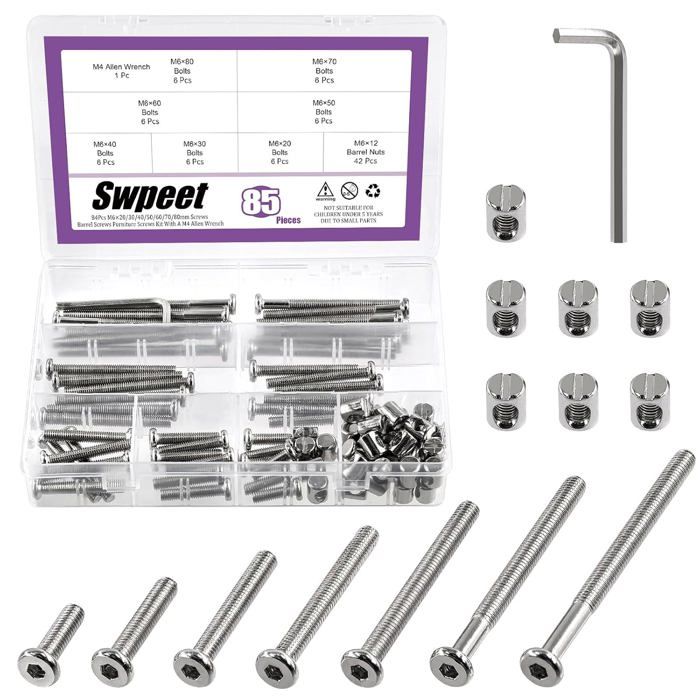 Kit de 85 pièces de vis M6 20/30/40/50/60/70/80mm nickelées tête à six pans creux idéal pour les meubles lits bébé crèches