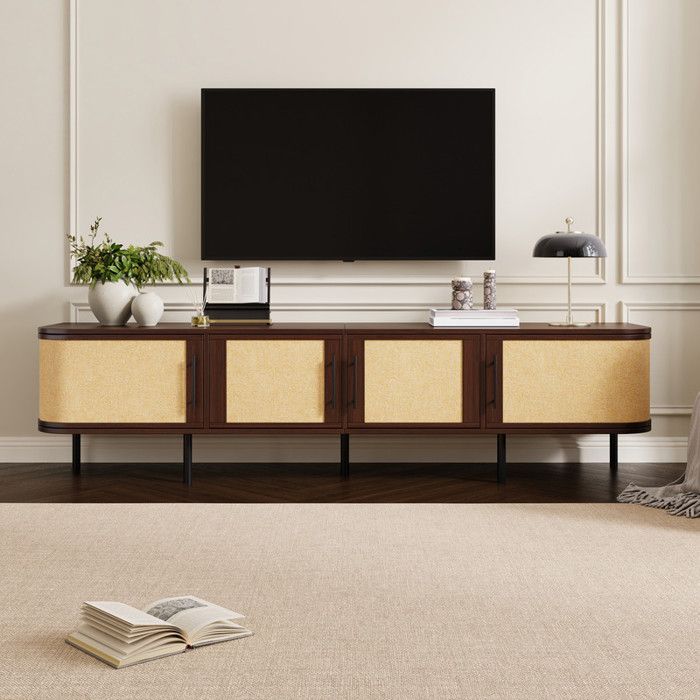 Bladez - Meuble TV ovale en rotin 180 cm avec 4 portes pieds hauts fonction rangement style moderne Marron