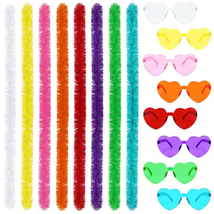 Lot de 16 boas en plumes artificielles de 2 m de couleurs assties et 8 verres en en fme de cœur – Accesso MAQUILLAGE DE DEGUISEMENT
