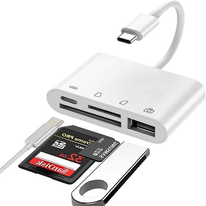 Blanc-Type-c vers SD-Micro Lecteur de carte SD 4 en 1 Adaptateur de carte mémoire USB-C vers appareil photo a
