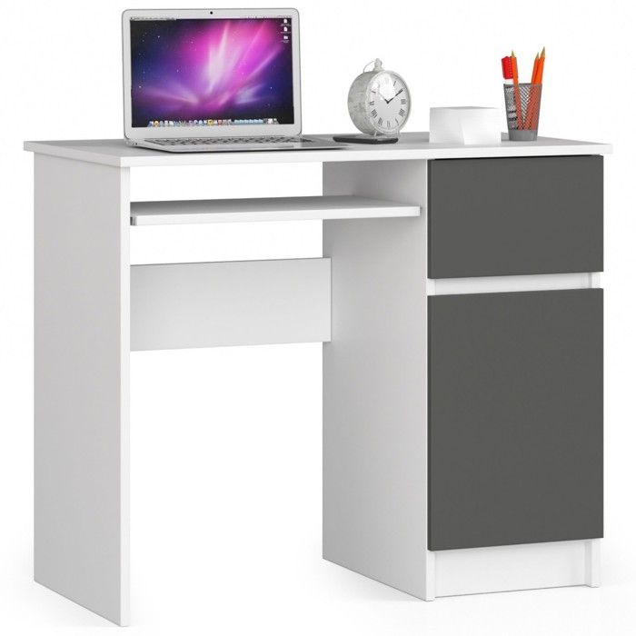 Bureau dordinateur AKORD droit PIKSEL Blanc 90 cm 1 porte 1 tiroir façade Gris Graphite 3 étagères 90x50x77 cm