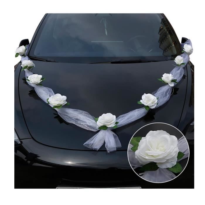 Guirlande Organza Voiture Mariés Décoration Mariage Tulle Bleu Fleurs Roses - Kit Complet