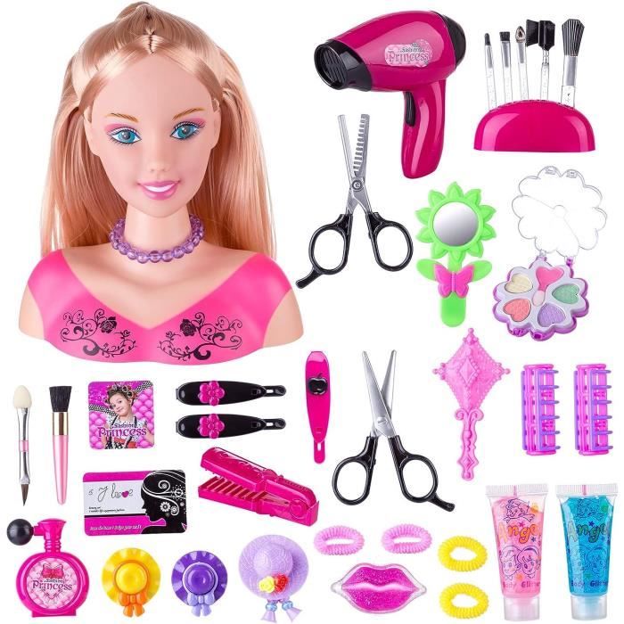Tête à Coiffer Kit de Poupée à Coiffer de Maquillage Enfants avec Accessoires Jouets dImitation Jeu Cadeau pour Fille Enfants 3 Ans
