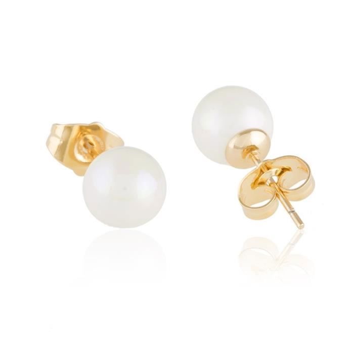 Boucles d’Oreille Puces Perle Nacrée Blanche 8 mm Or Jaune 750 Laminé*