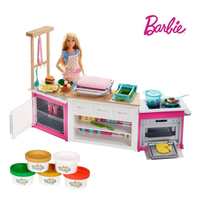 emballage fermé Barbie Métiers coffret poupée cheffe avec kit cuisine GWY53 jouet pour enfant accessoires pour repas et cinq pots de pâte à modeler 