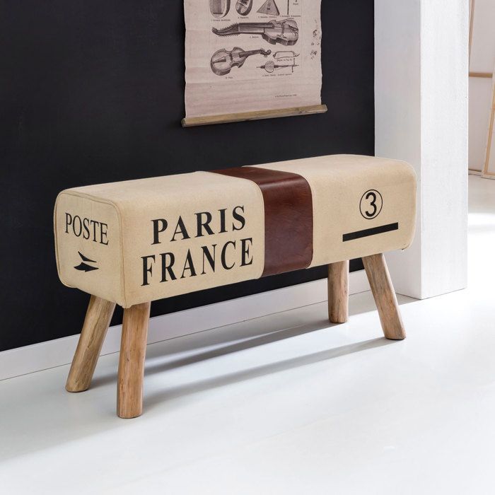 Banc vintage 91x30x51 cm en toile et cuir
