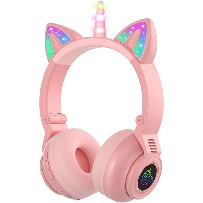 Joli casque sans fil pour enfants, motif licorne, casque Bluetooth avec  microphone, casque réglable pour enfants de 2 ans et plus, compatible avec  iPad/tablette Fire (rose) rose
