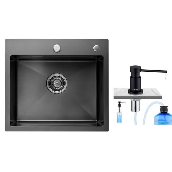 50x45cm Évier de Cuisine Noir anthracite+Noir Distributeur de Savon