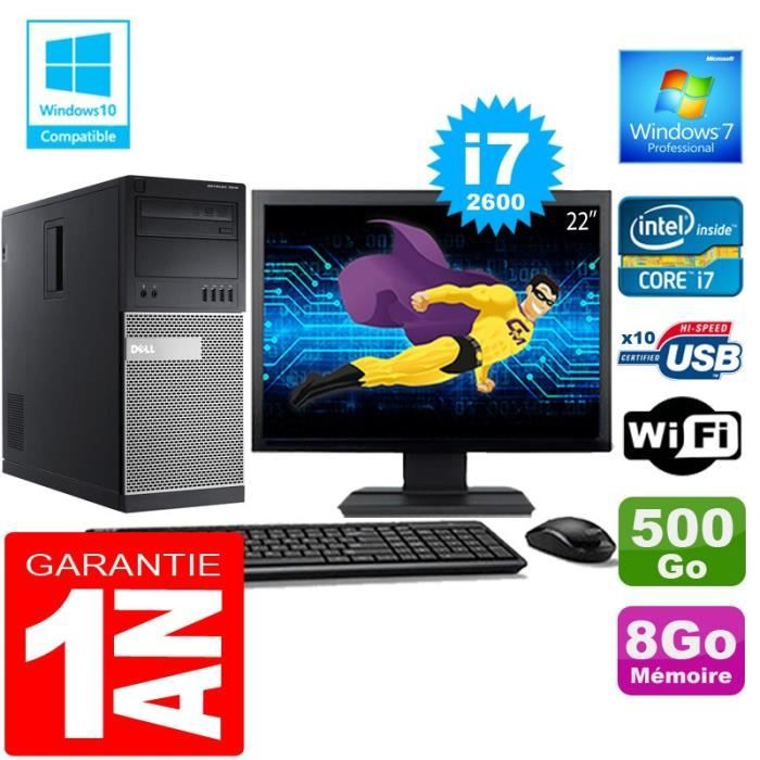 PC Tour DELL 7010 Core I7-2600 Ram 8Go Disque 500 Go Wifi W7 Ecran 22