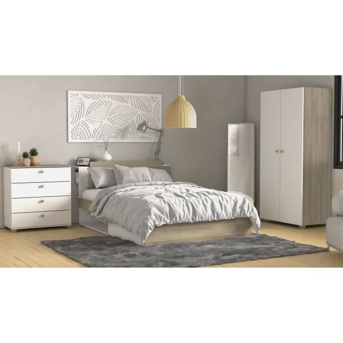 Chambre complète adulte LIFE : Lit + Commode + Armoire - Décor chêne et blanc - Fabriqué en France -