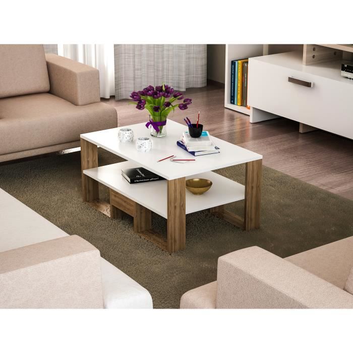 table basse - emob - furny home - blanc/brun - contemporain/design - rectangulaire