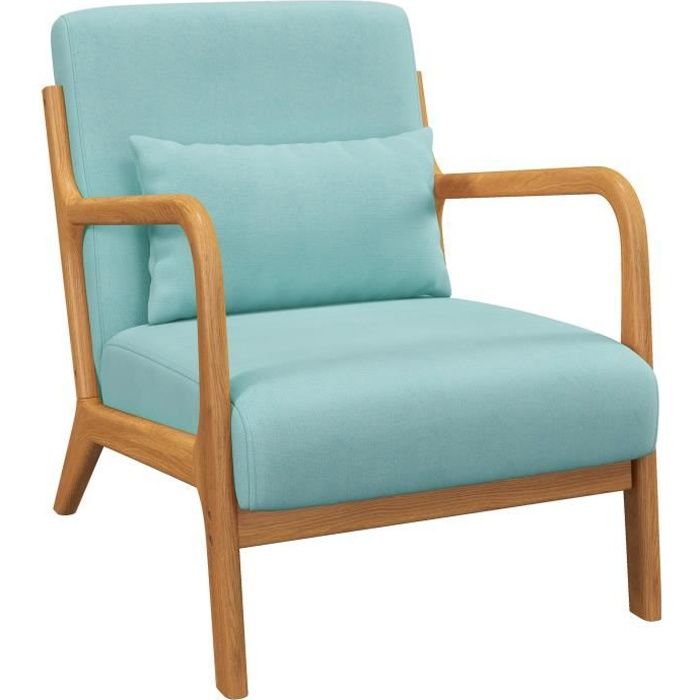 fauteuil lounge - homcom - aspect velours turquoise - structure bois hévéa - assise profonde - accoudoirs