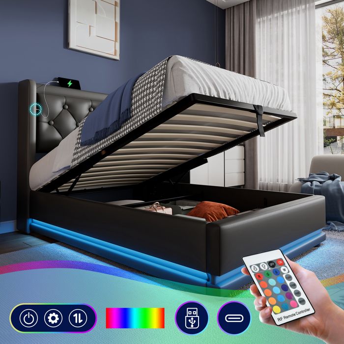 Lit Coffre 140x200cm,lit Capitonné Avec Éclairage LED Et Fonction De Charge USB,Lit Rembourré Hydraulique Avec Rangement,Style Moderne,Velours, Beige