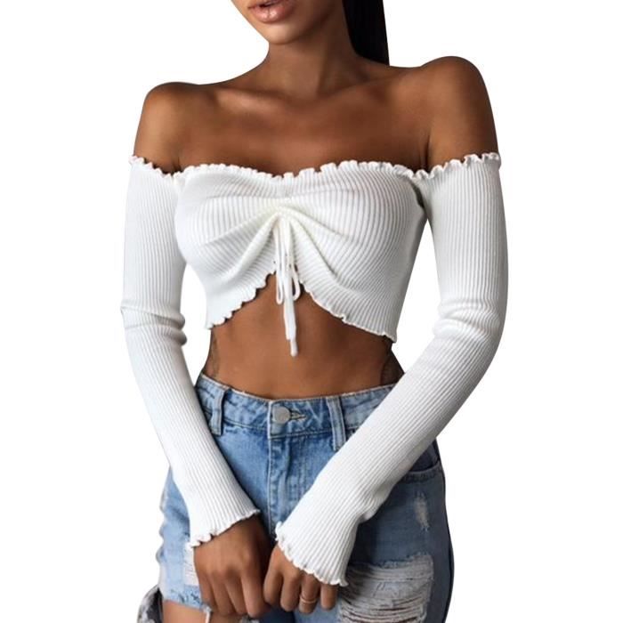 Femmes Chic Crop Tops Manches Longues ...