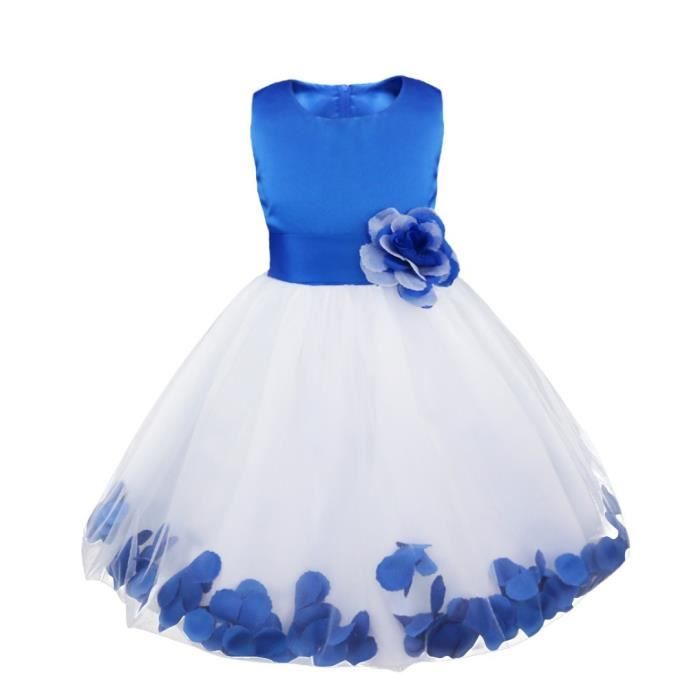 inlzdz enfant fille robe cérémonie princesse pétale fleur sans manches satin robe soirée 2-14 ans bleu