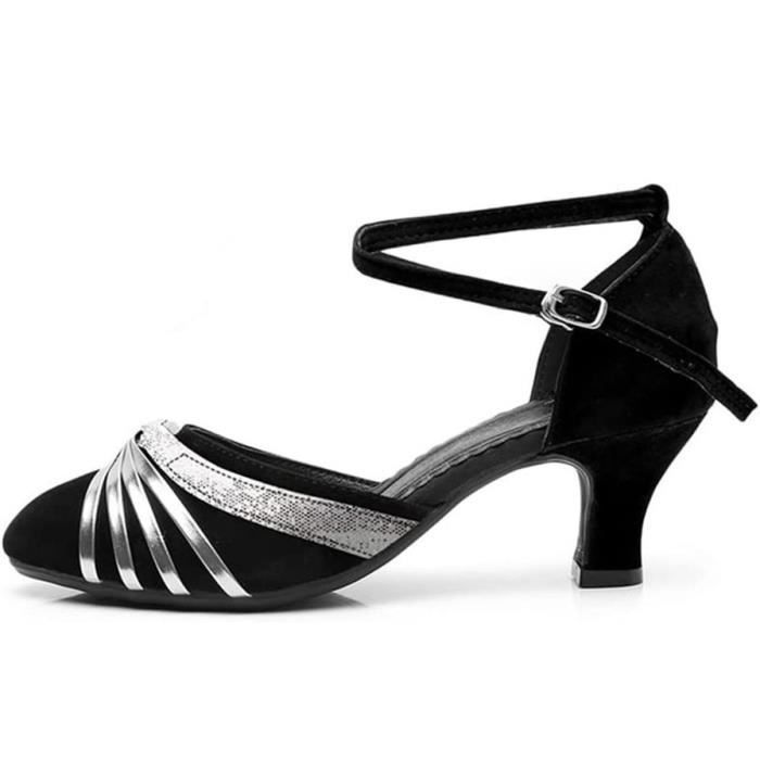 chaussures de danse femme bout fermé dessus velours latine salsa tango prom intérieur noir argenté