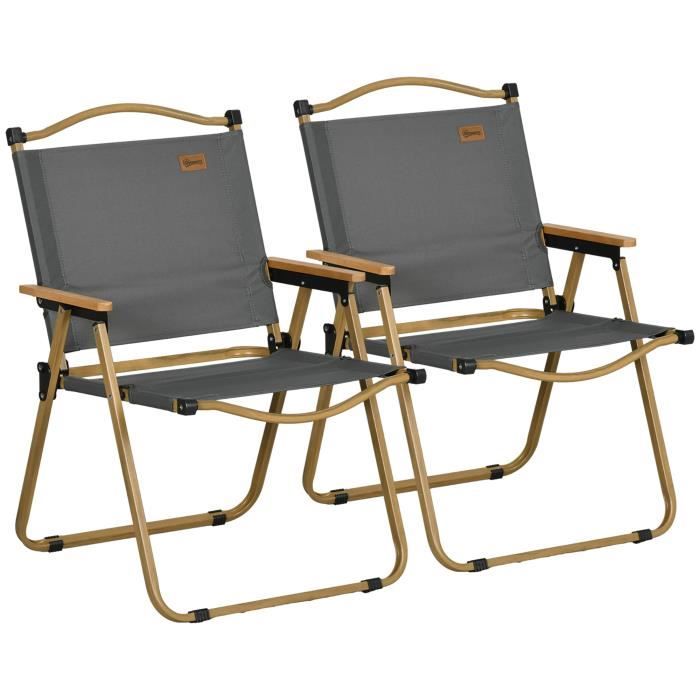 lot de 2 chaises de plage camping pliantes - poignée - structure acier aspect bois oxford gris