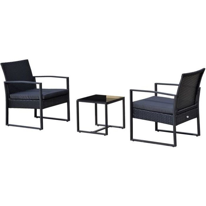 Outsunny Salon de jardin 2 places 3 pièces 2 chaises avec coussins + table basse plateau verre trempé 4 fils imitation rotin noir
