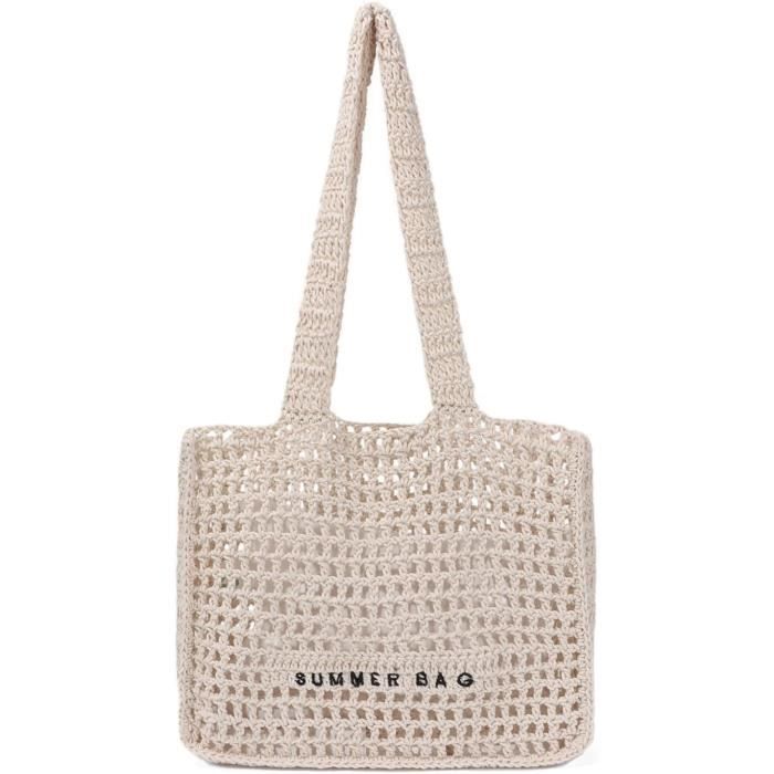 Sac Bandoulière Fourre-Tout En Paille Tressée Beige - Réglable, Doublure Cuir - Idéal Plage, Ville, Voyage